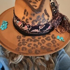 Burnt Leopard Print Hat with Turquoise Accents